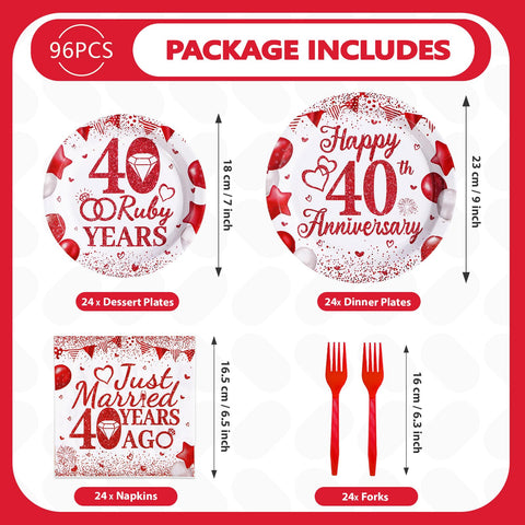 96 Pcs 40th Wedding Anniversary Party Plates and Napkins - Grencian