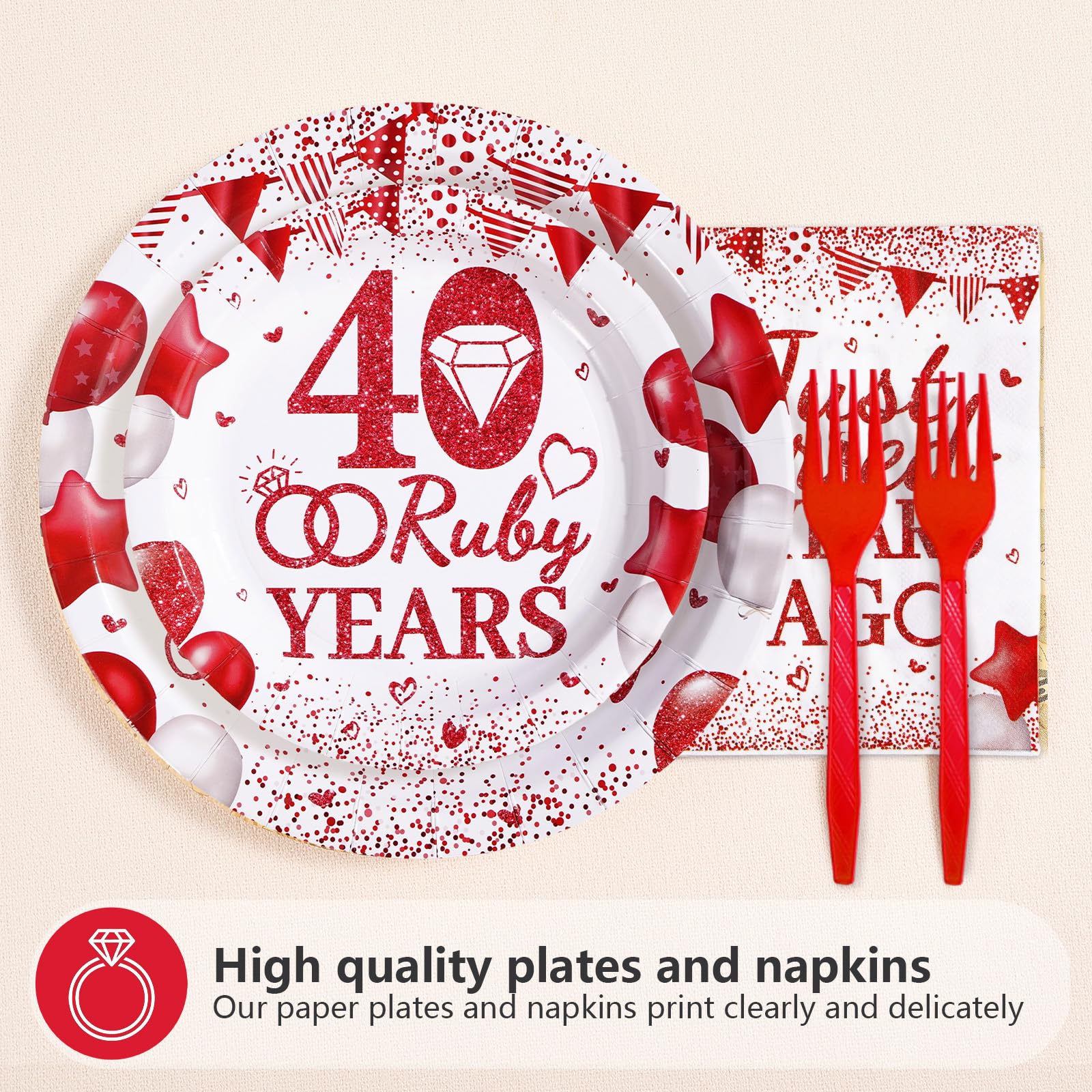96 Pcs 40th Wedding Anniversary Party Plates and Napkins - Grencian