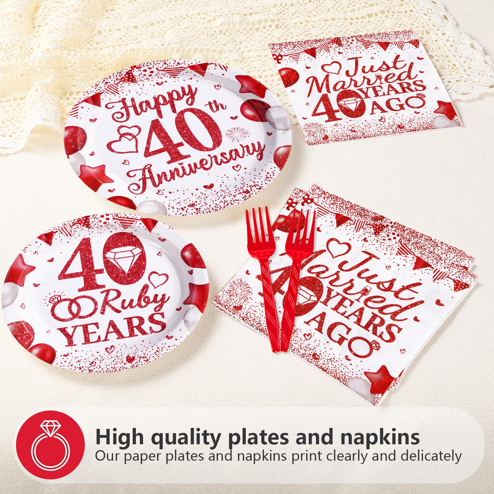 96 Pcs 40th Wedding Anniversary Party Plates and Napkins - Grencian