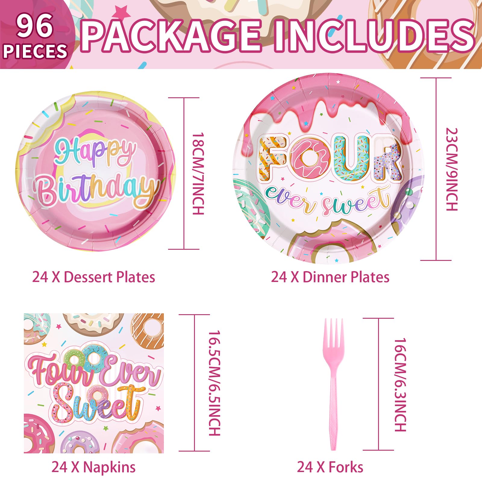 96 Pcs 4th Donut Birthday Party Plates and Napkins - Grencian