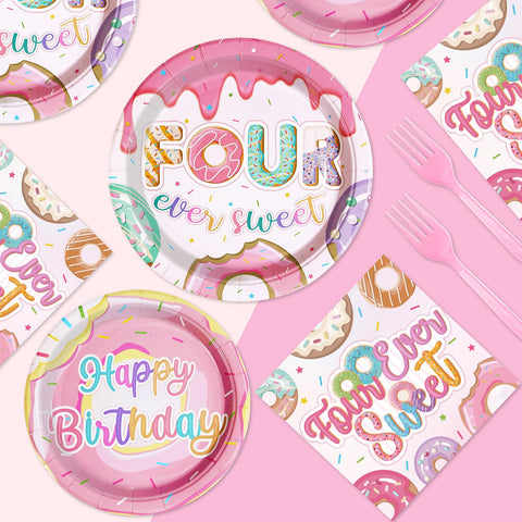96 Pcs 4th Donut Birthday Party Plates and Napkins - Grencian