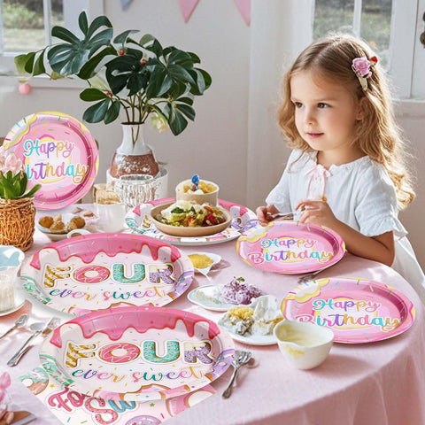 96 Pcs 4th Donut Birthday Party Plates and Napkins - Grencian