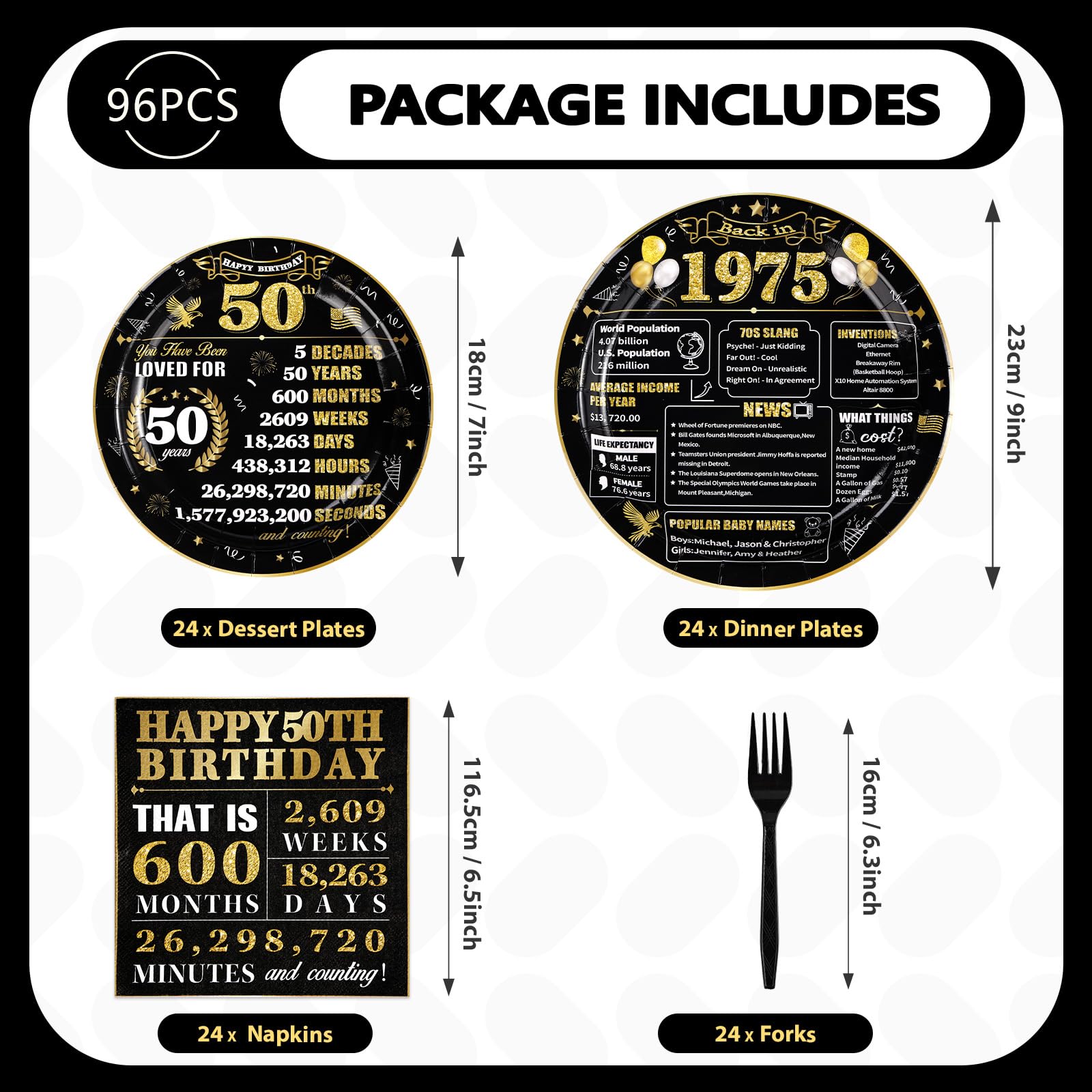 96 Pcs 50th Birthday Party Plates and Napkins - Grencian