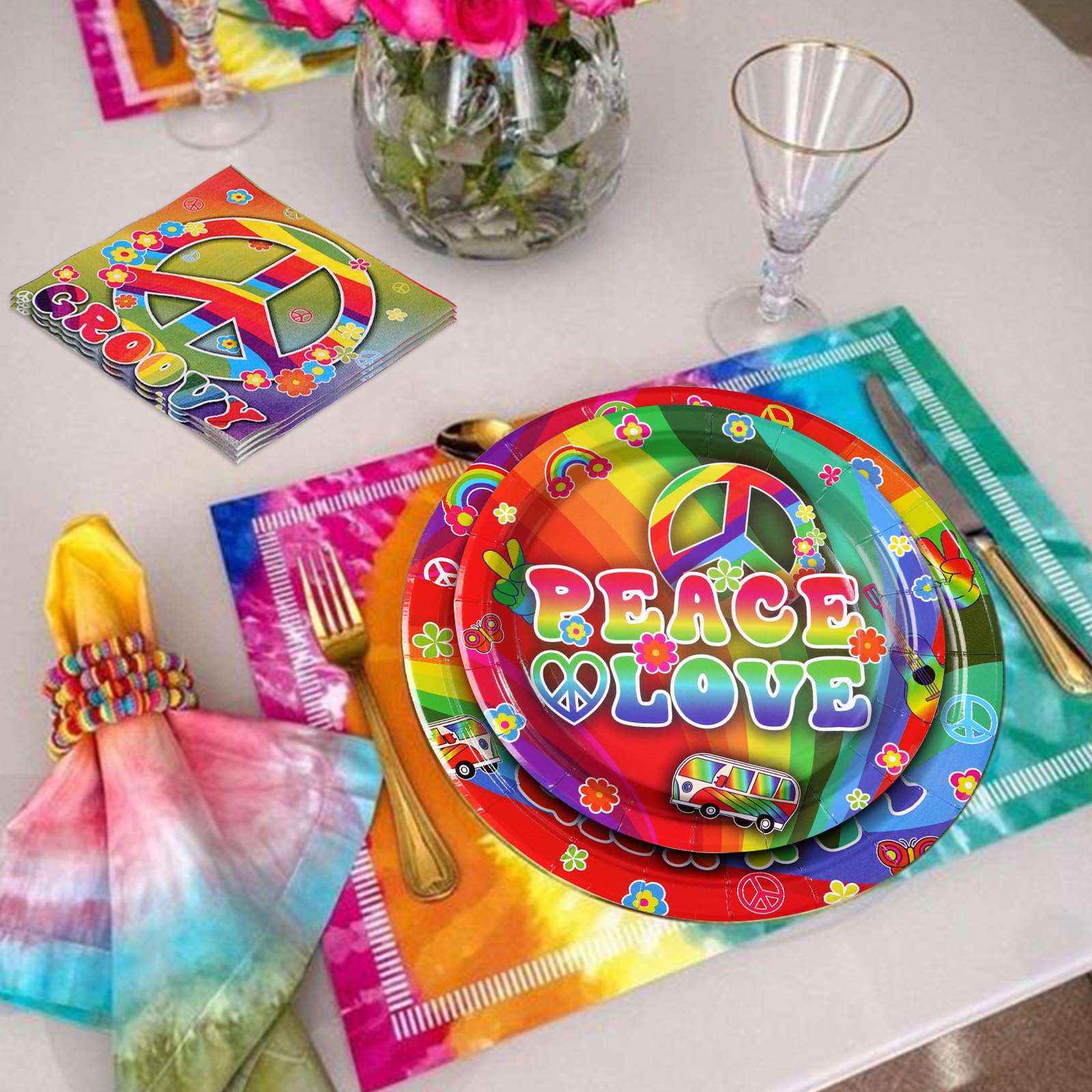 96 Pcs 60's Hippie Party Plates and Napkins - Grencian