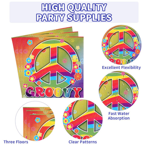 96 Pcs 60's Hippie Party Plates and Napkins - Grencian
