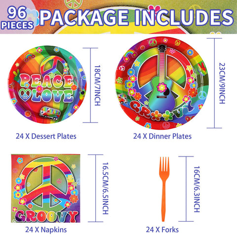 96 Pcs 60's Hippie Party Plates and Napkins - Grencian