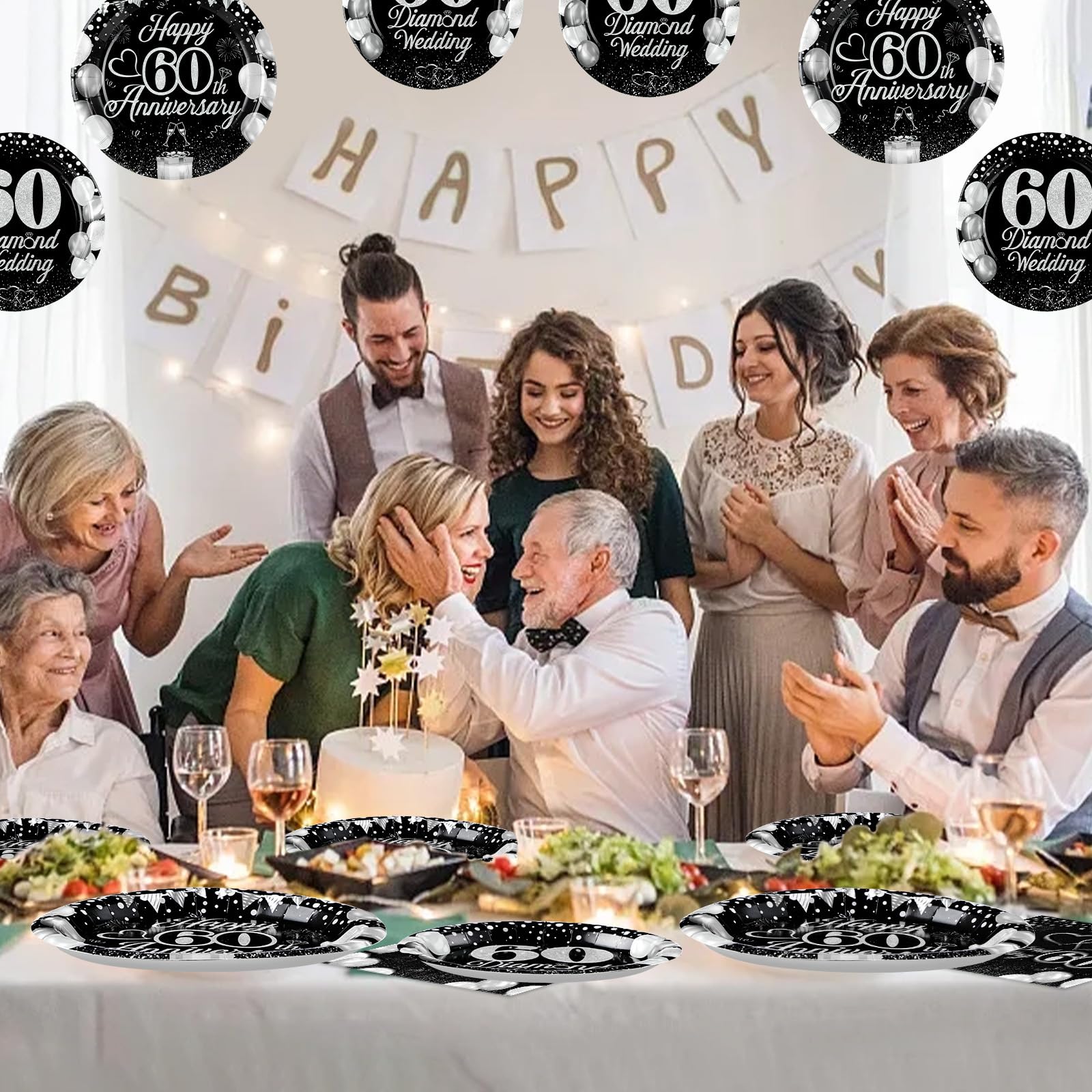 96 Pcs 60th Wedding Anniversary Party Plates and Napkins - Grencian