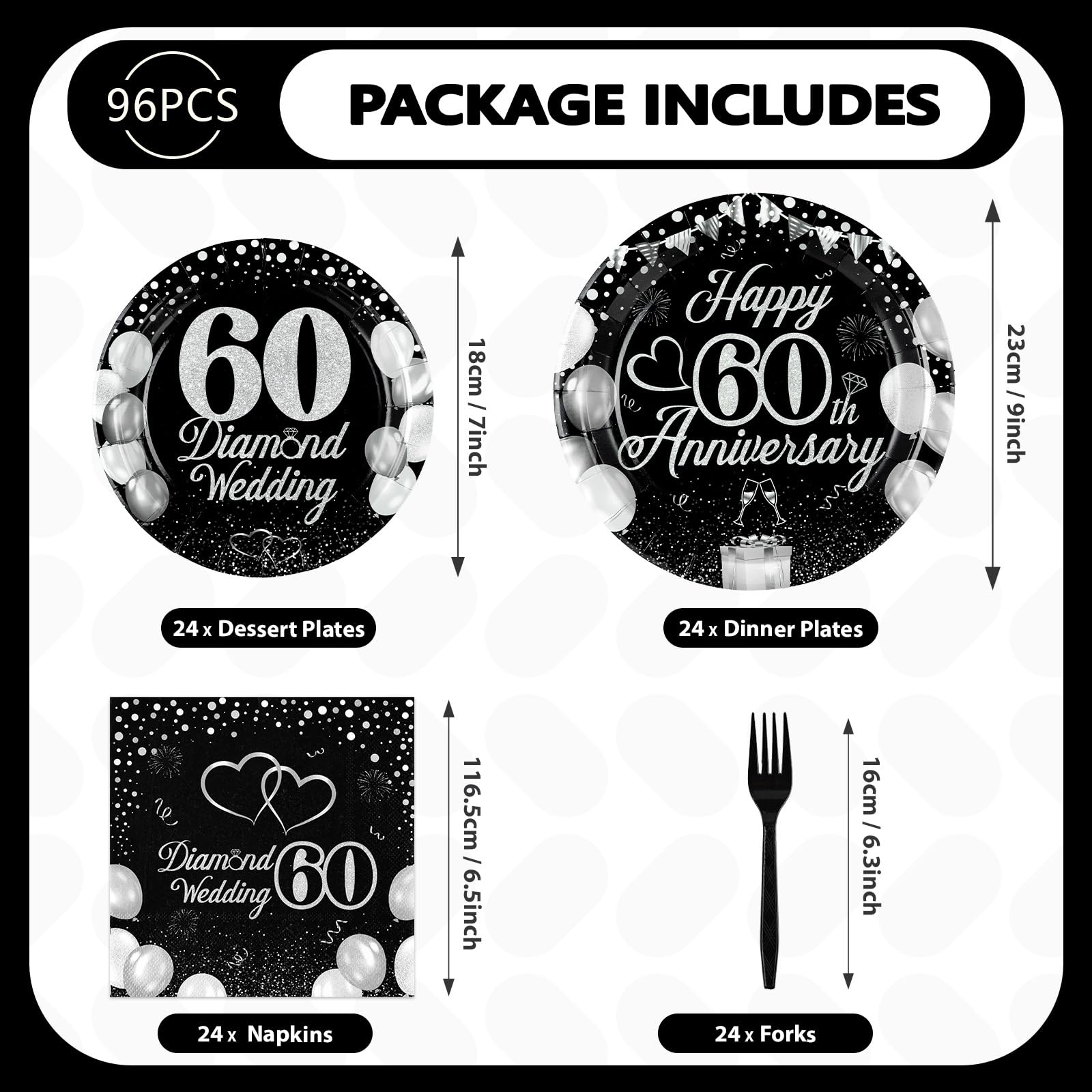 96 Pcs 60th Wedding Anniversary Party Plates and Napkins - Grencian