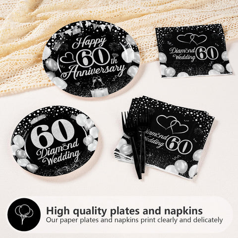 96 Pcs 60th Wedding Anniversary Party Plates and Napkins - Grencian