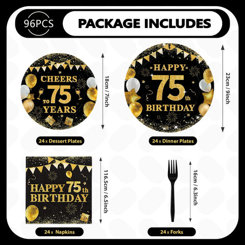 96 Pcs 75th Birthday Party Plates and Napkins - Grencian