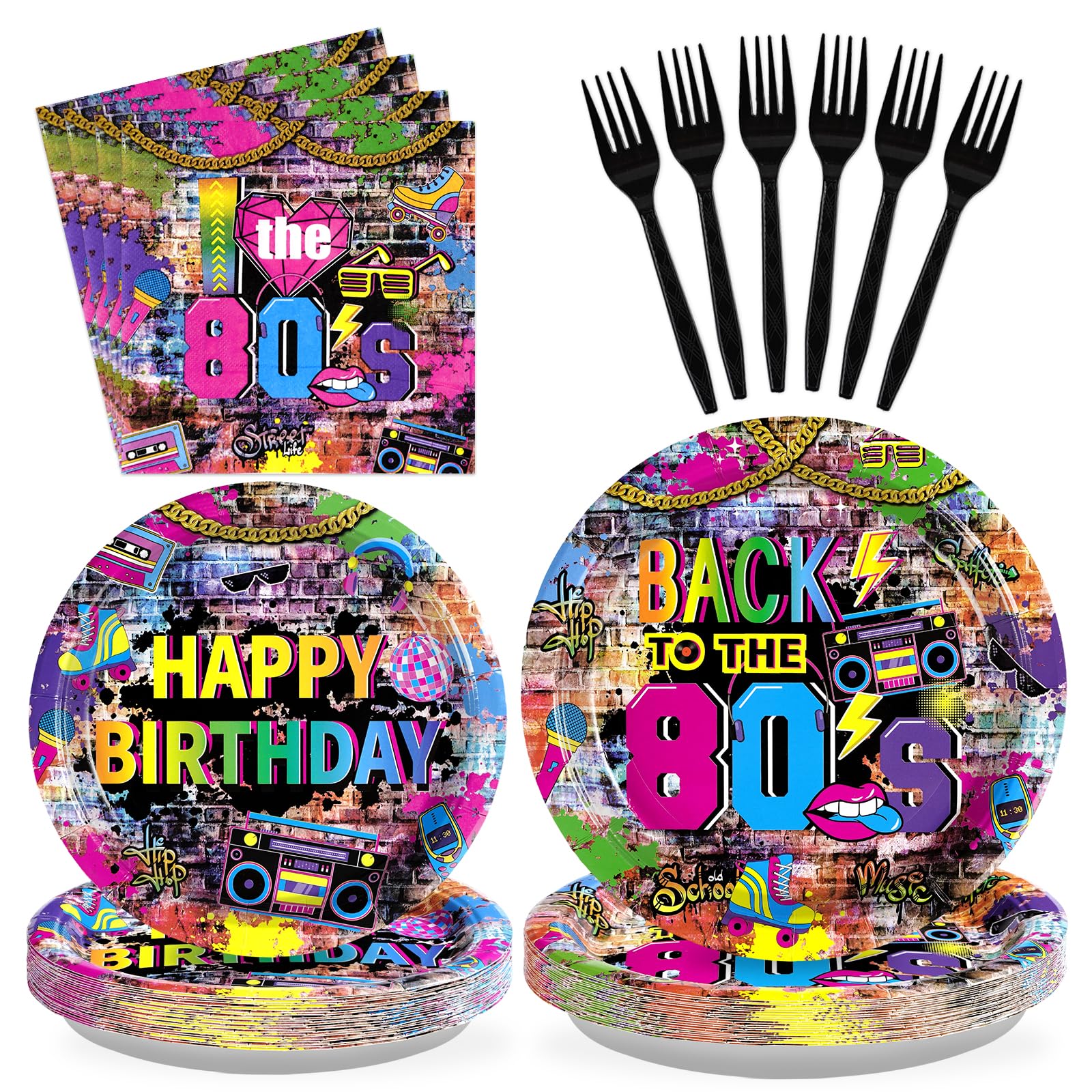 96 Pcs 80's Birthday Party Plates and Napkins - Grencian