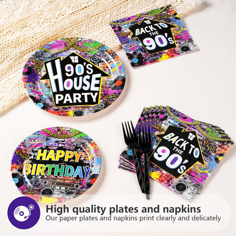 96 Pcs 90's House Party Plates and Napkins - Grencian