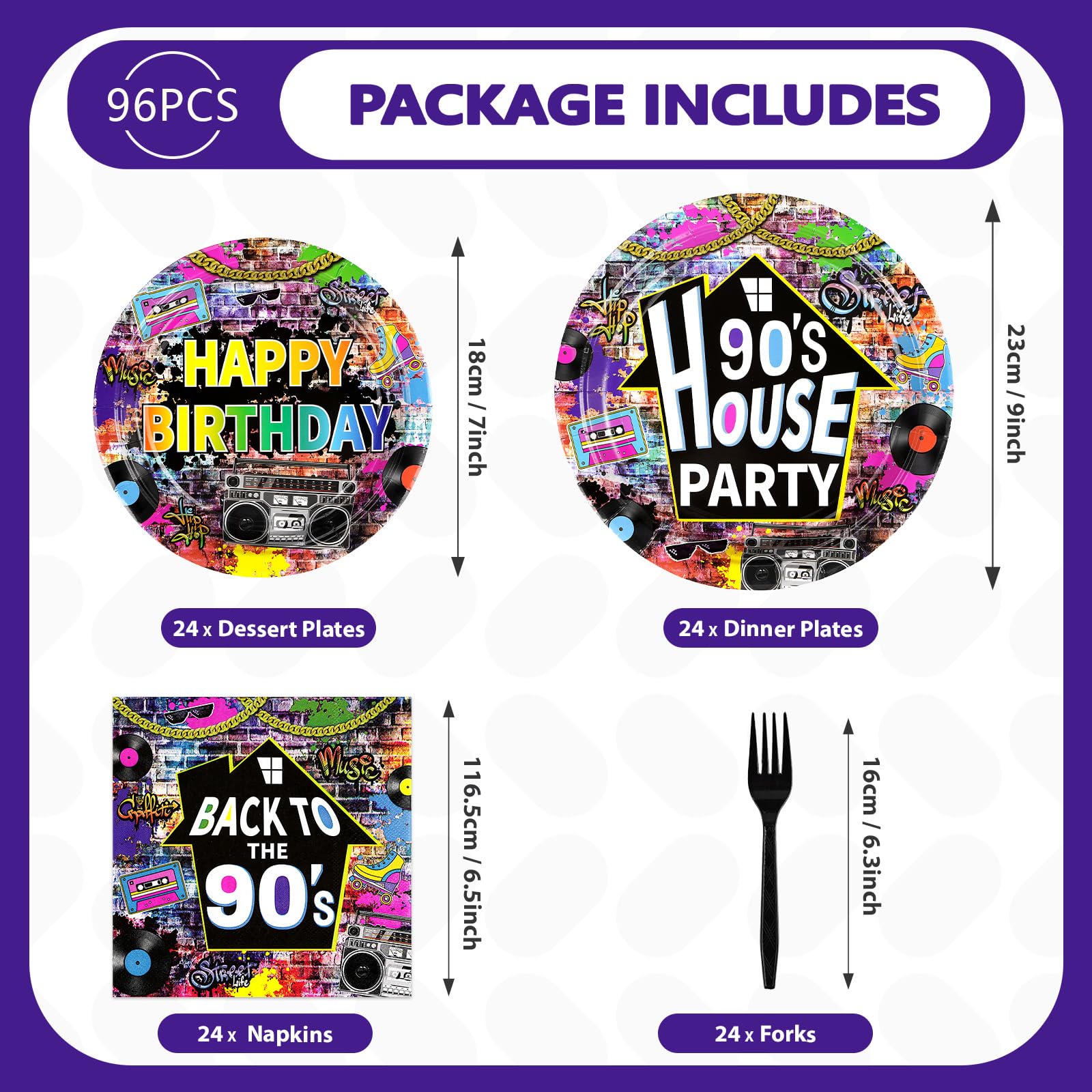 96 Pcs 90's House Party Plates and Napkins - Grencian