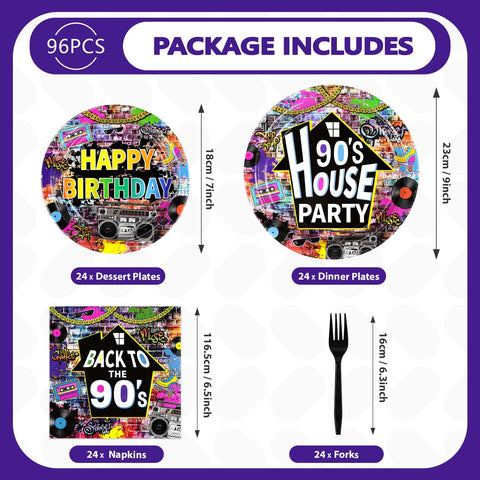 96 Pcs 90's House Party Plates and Napkins - Grencian