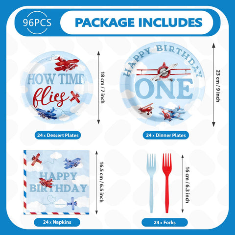 96 Pcs Airplane 1st Birthday Party Plates and Napkins - Grencian