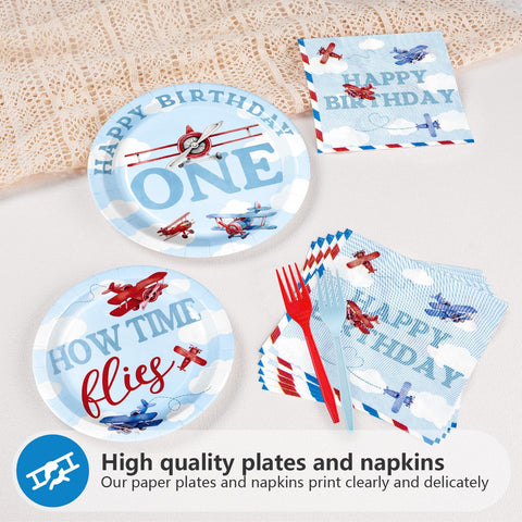 96 Pcs Airplane 1st Birthday Party Plates and Napkins - Grencian