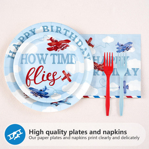 96 Pcs Airplane 1st Birthday Party Plates and Napkins - Grencian
