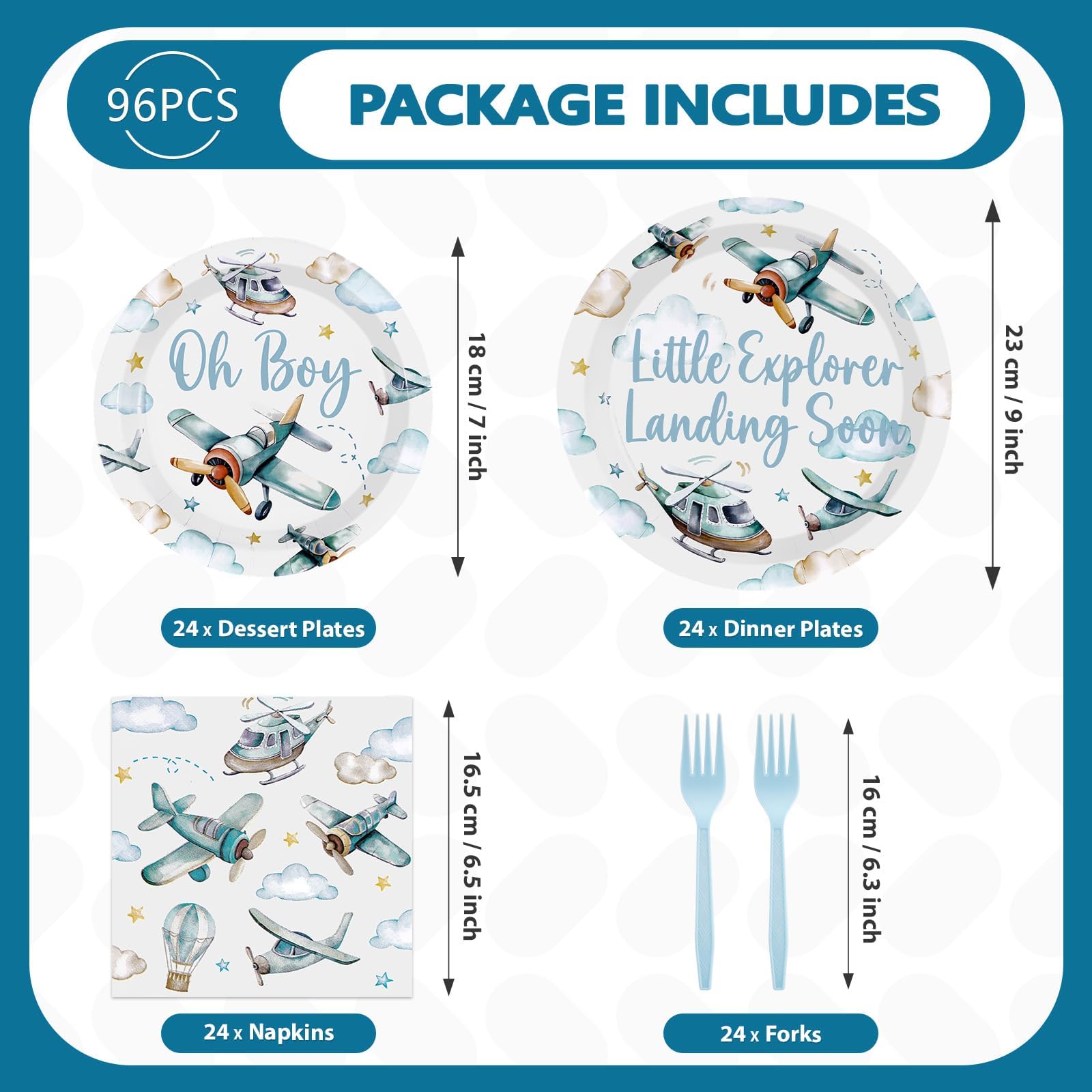 96 Pcs Airplane Baby Shower Party Plates and Napkins - Grencian