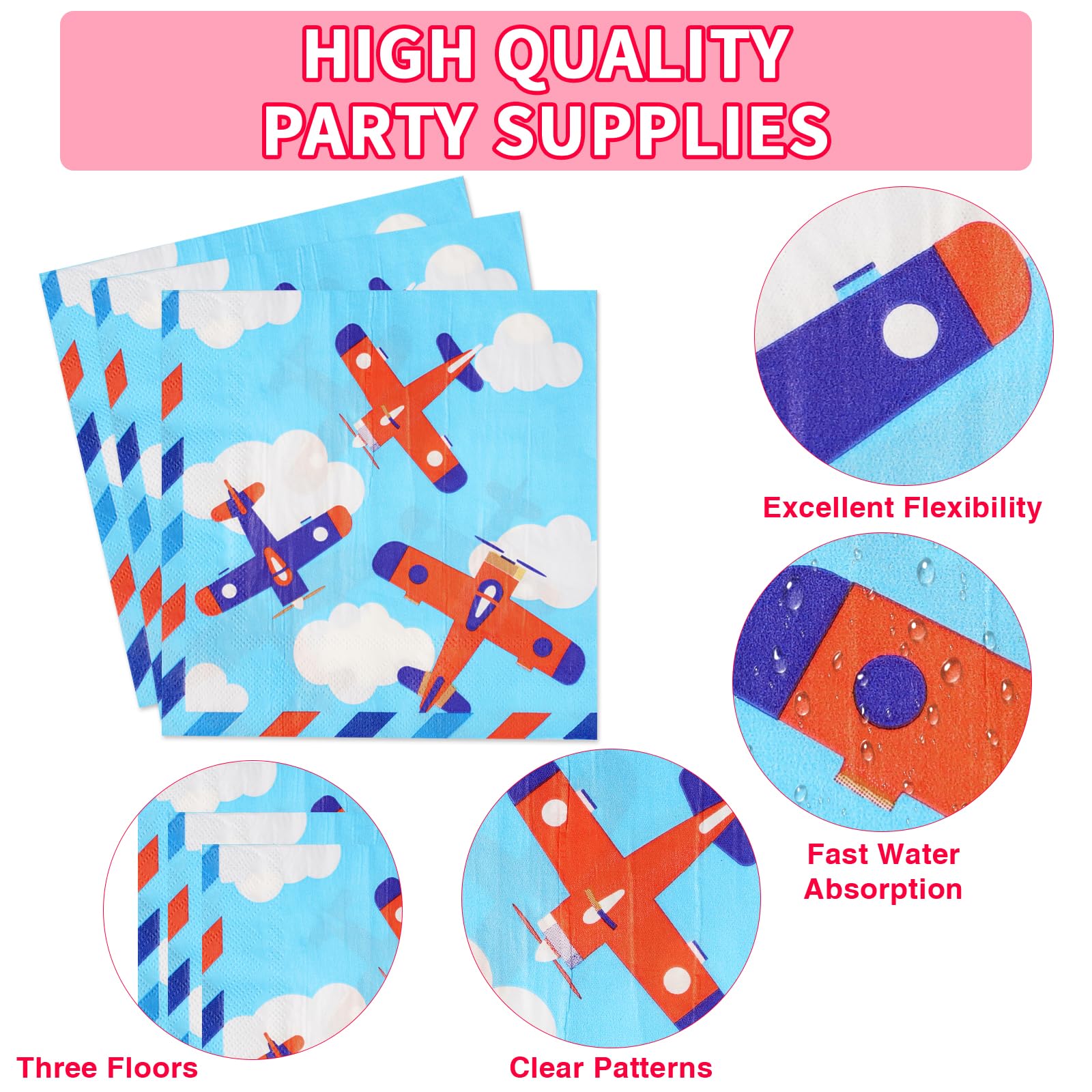 96 Pcs Airplane Birthday Party Plates and Napkins - Grencian