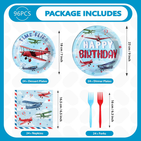 96 Pcs Airplane Birthday Party Plates and Napkins - Grencian