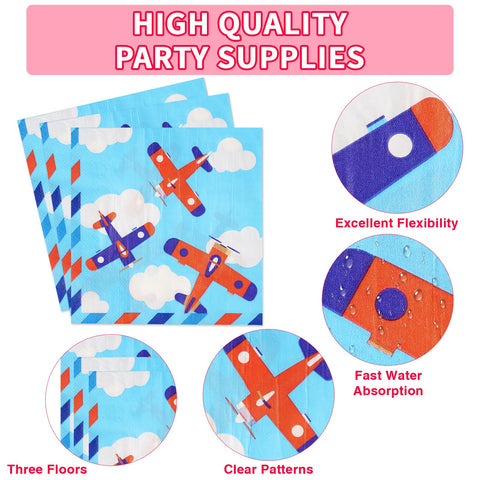 96 Pcs Airplane Birthday Party Plates and Napkins - Grencian