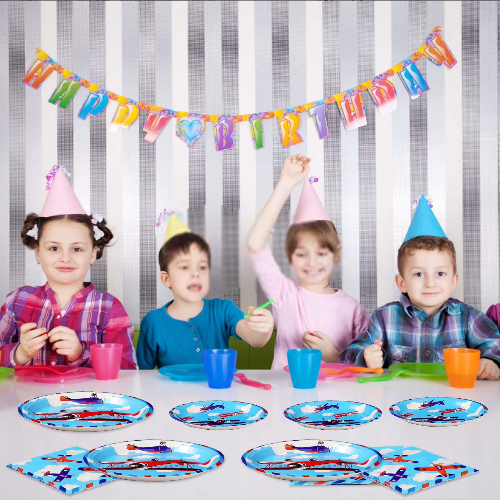 96 Pcs Airplane Birthday Party Plates and Napkins - Grencian