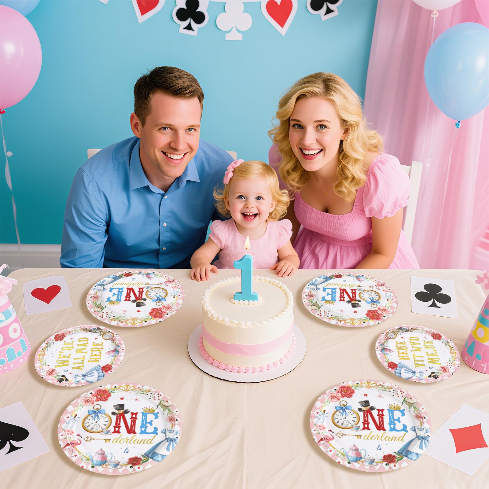 96 Pcs Alice Poker 1st Birthday Party Plates and Napkins - Grencian