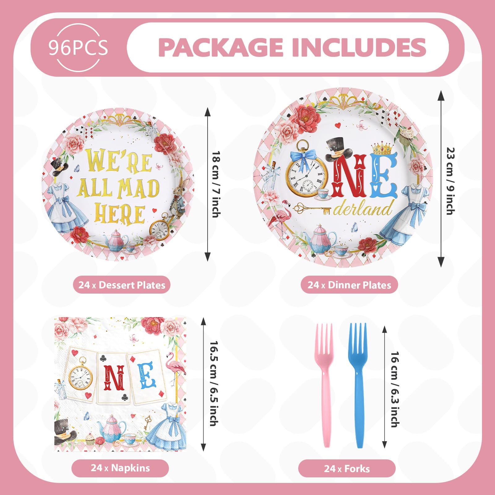 96 Pcs Alice Poker 1st Birthday Party Plates and Napkins - Grencian
