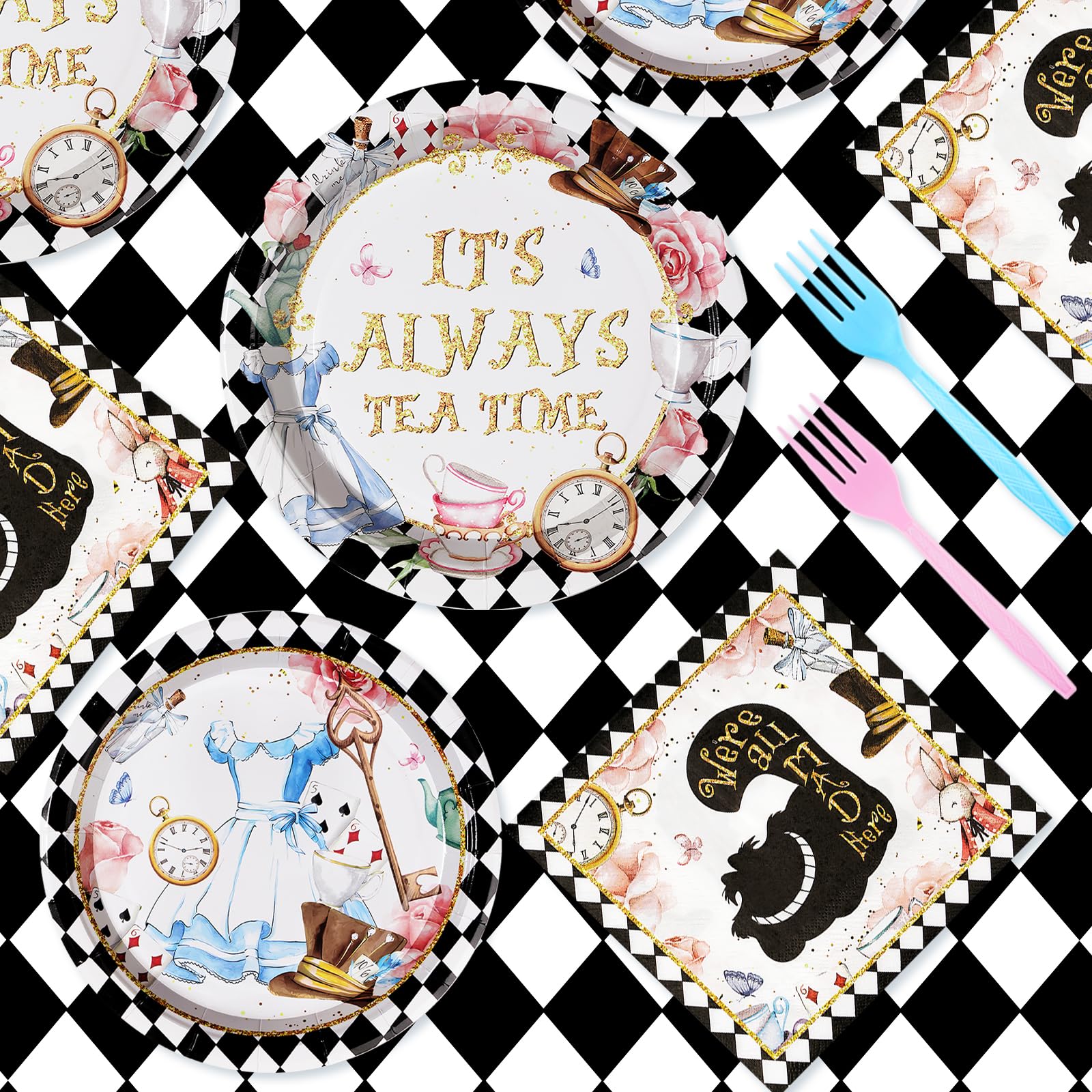 96 Pcs Alice in Wonderland Party Plates and Napkins - Grencian