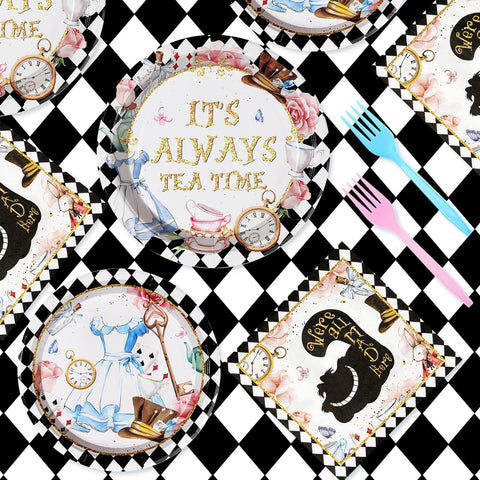 96 Pcs Alice in Wonderland Party Plates and Napkins - Grencian