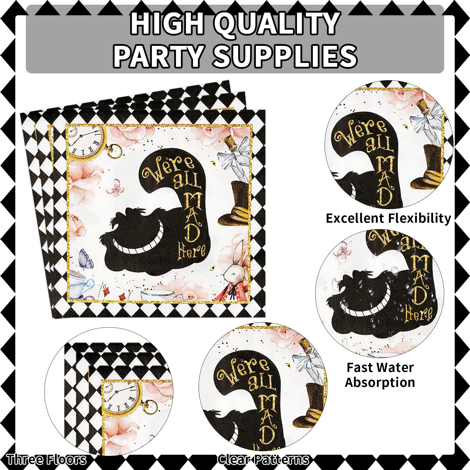 96 Pcs Alice in Wonderland Party Plates and Napkins - Grencian