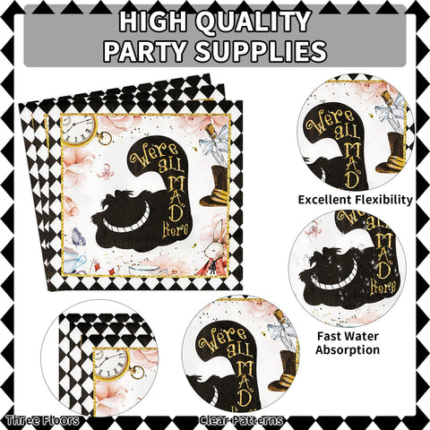 96 Pcs Alice in Wonderland Party Plates and Napkins - Grencian