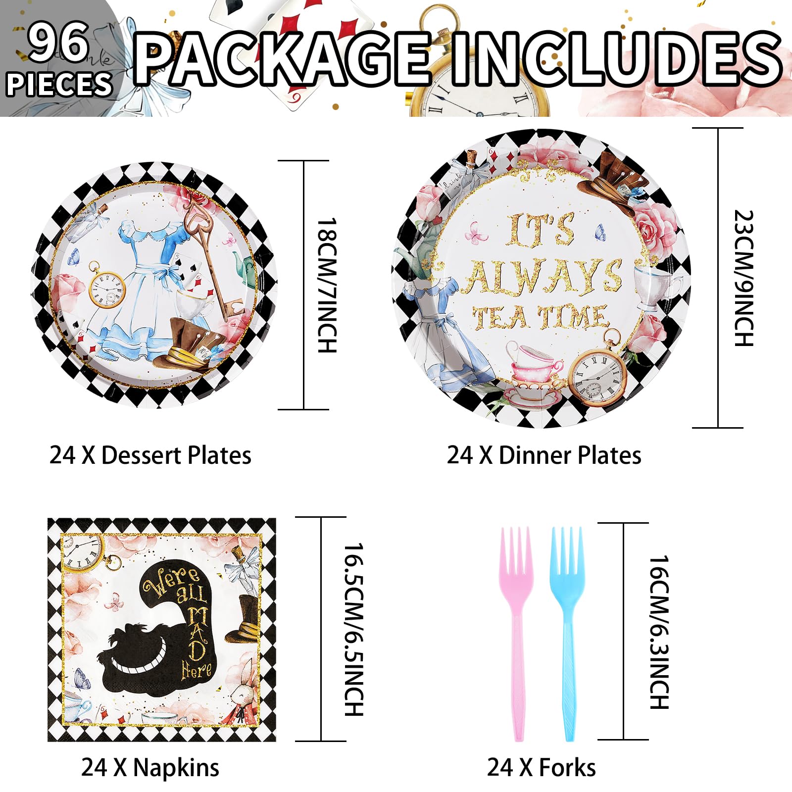 96 Pcs Alice in Wonderland Party Plates and Napkins - Grencian