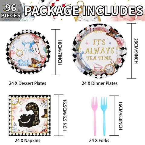 96 Pcs Alice in Wonderland Party Plates and Napkins - Grencian