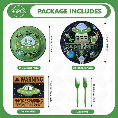 96 Pcs Aliens Birthday Party Plates and Napkins - Grencian