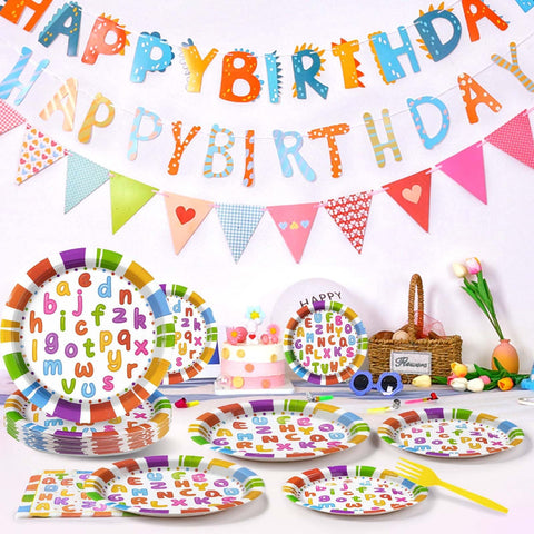 96 Pcs Alphabet Number Party Plates and Napkins - Grencian
