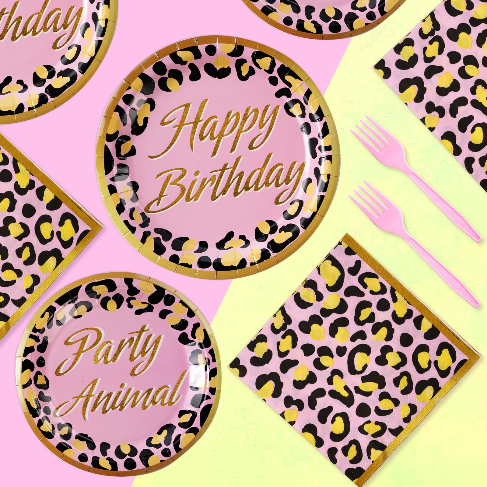 96 Pcs Animal Leopard Print Party Plates and Napkins - Grencian