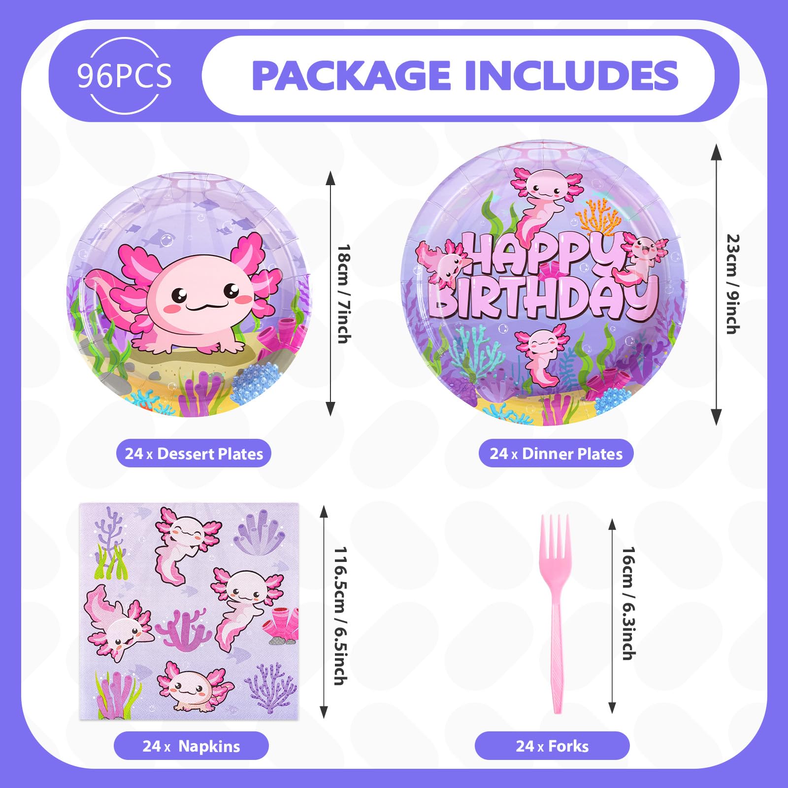 96 Pcs Axolotl Birthday Party Plates and Napkins - Grencian