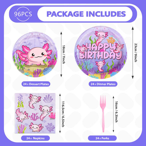 96 Pcs Axolotl Birthday Party Plates and Napkins - Grencian