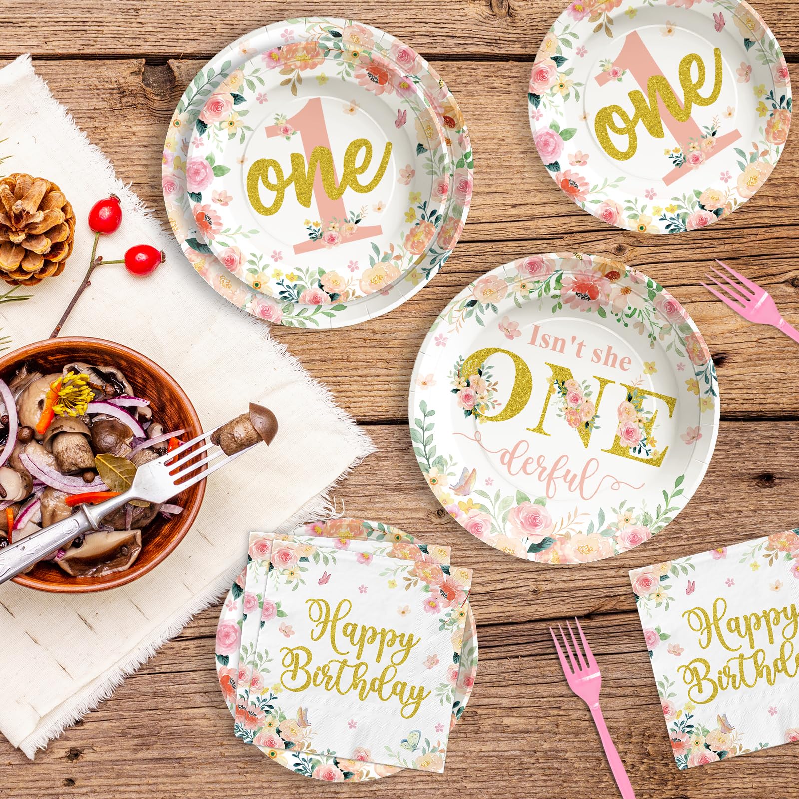 96 Pcs Baby Girl 1st Birthday Party Plates and Napkins - Grencian
