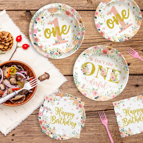 96 Pcs Baby Girl 1st Birthday Party Plates and Napkins - Grencian