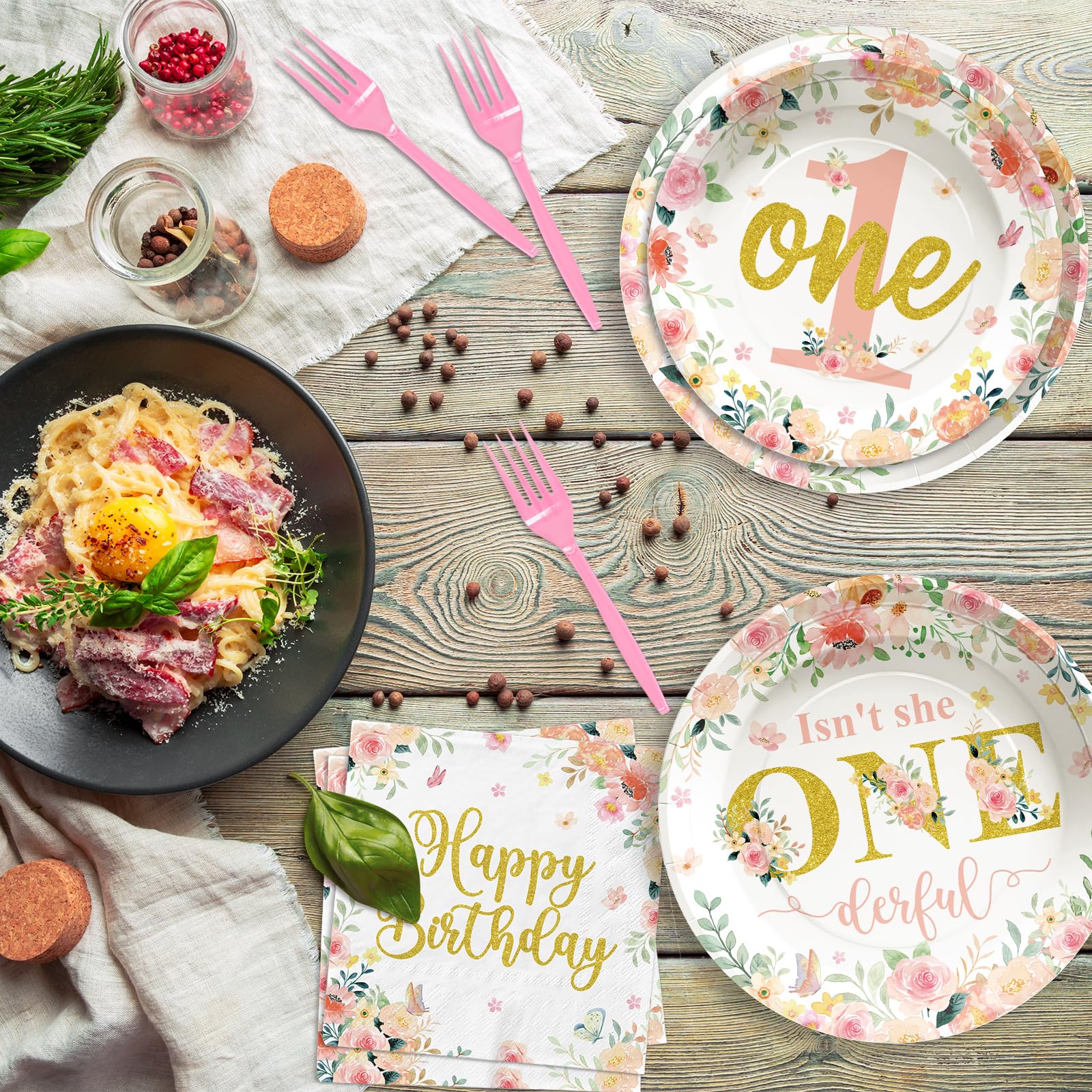 96 Pcs Baby Girl 1st Birthday Party Plates and Napkins - Grencian