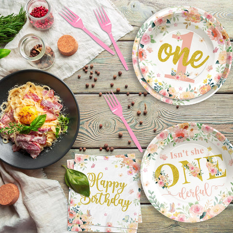 96 Pcs Baby Girl 1st Birthday Party Plates and Napkins - Grencian