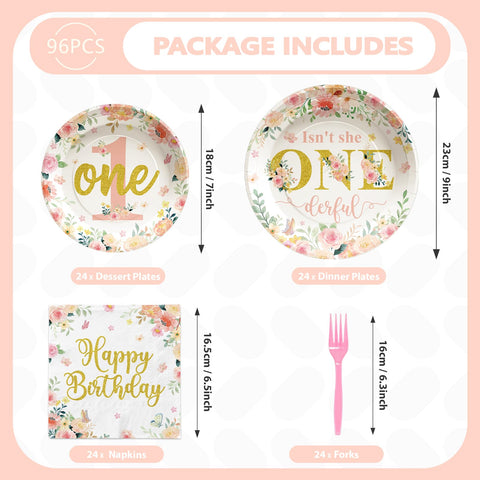 96 Pcs Baby Girl 1st Birthday Party Plates and Napkins - Grencian