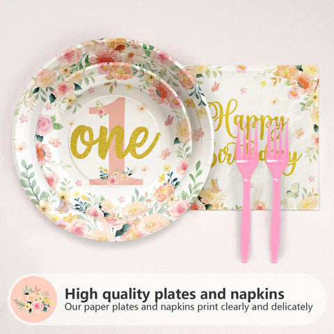 96 Pcs Baby Girl 1st Birthday Party Plates and Napkins - Grencian