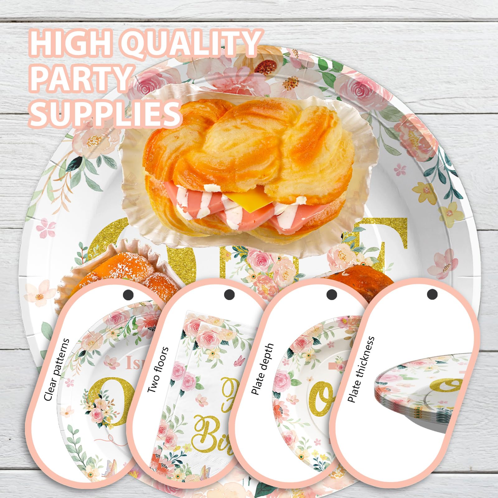96 Pcs Baby Girl 1st Birthday Party Plates and Napkins - Grencian
