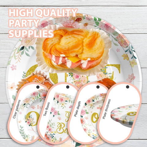 96 Pcs Baby Girl 1st Birthday Party Plates and Napkins - Grencian