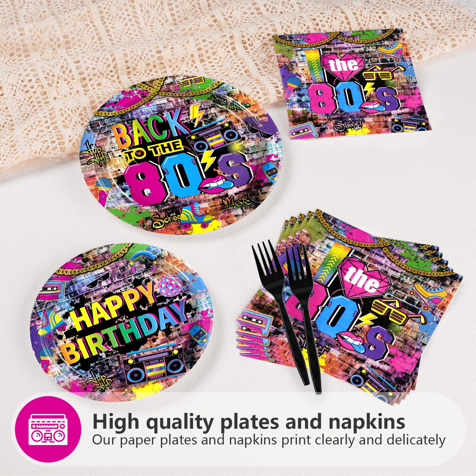 96 Pcs Back to The 80s Birthday Party Plates and Napkins - Grencian