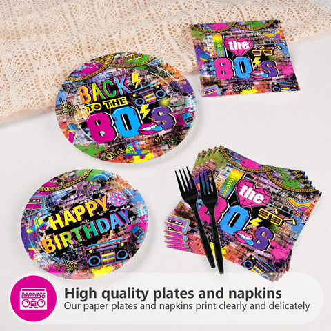 96 Pcs Back to The 80s Birthday Party Plates and Napkins - Grencian