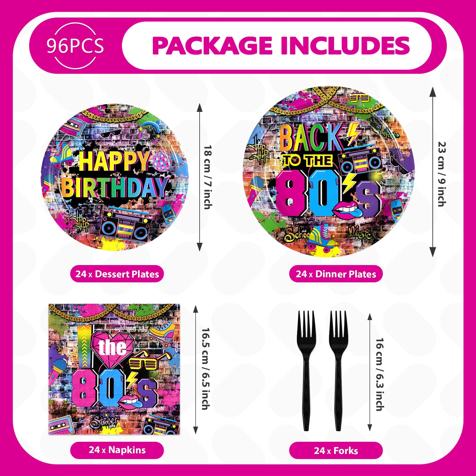 96 Pcs Back to The 80s Birthday Party Plates and Napkins - Grencian